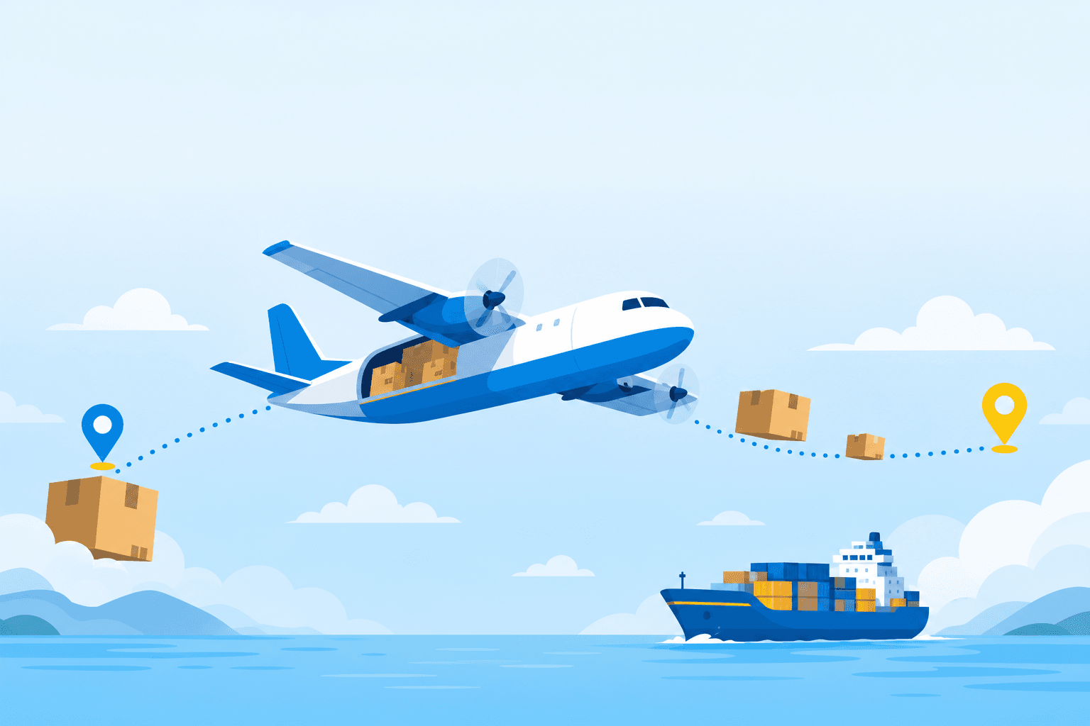 Avión y barco de carga llevando paquetes de Estados Unidos a Nicaragua