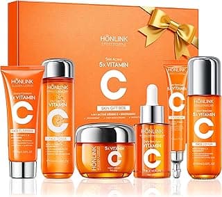 6-Piece Hydrating Vitamin C Skincare Set with Niacinamide, Daily Face Care Routine Includes Cleanser, Toner, Serum, Moisturizer, Eye Cream & Body Lotion for Self Care